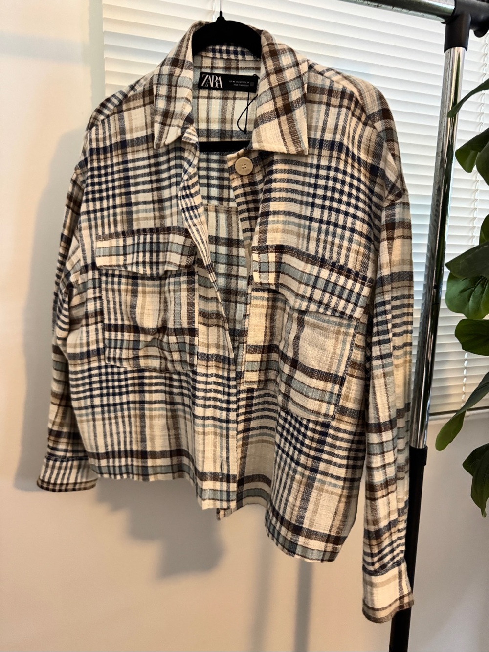 Zara Cream Plaid Utility Shacket with Navy & Brown Checks
